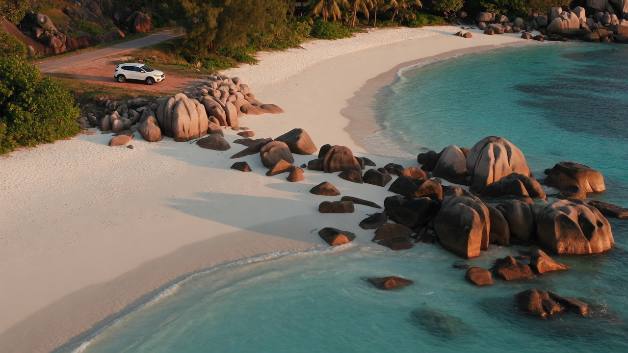 White SUV parked above a granite and turquoise beach on Mahé at golden hour