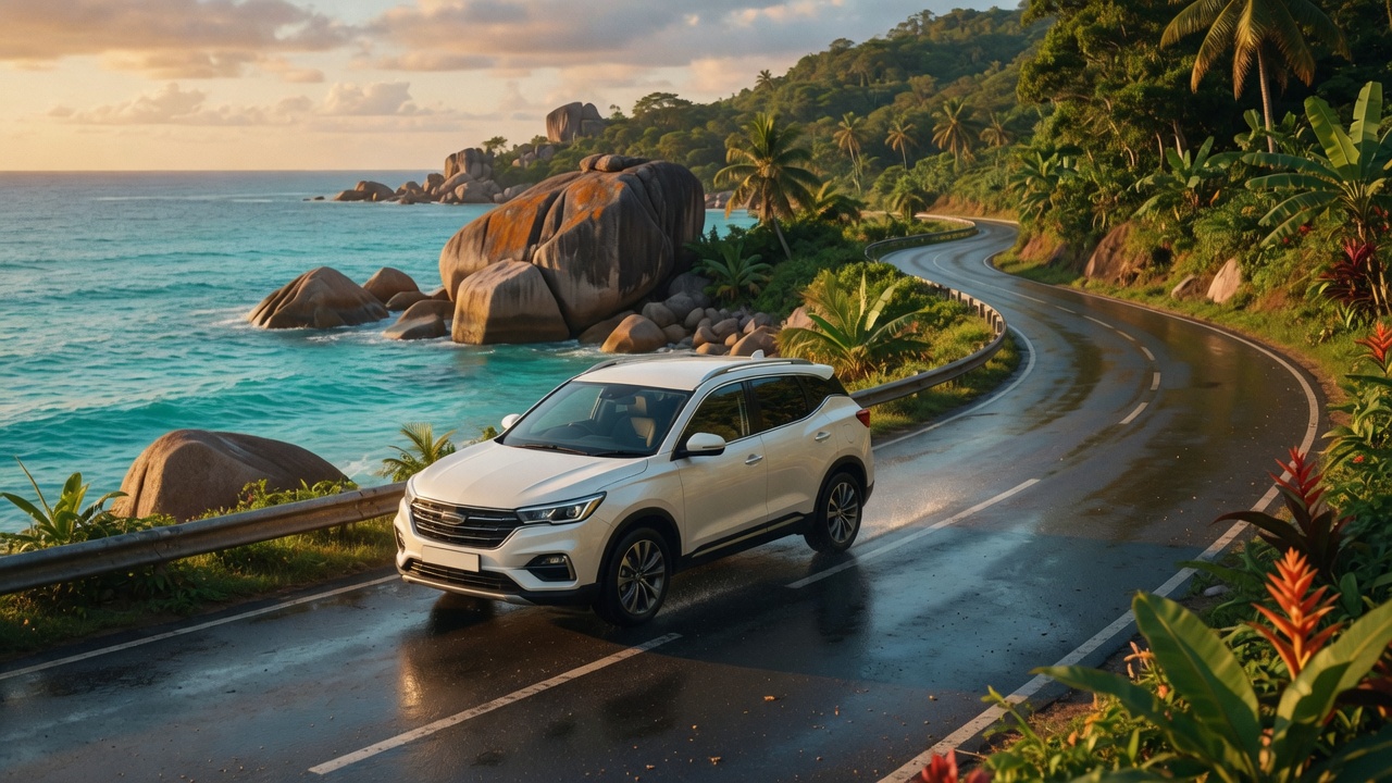 White compact SUV on a wet coastal road beside granite boulders and turquoise water on Mahé