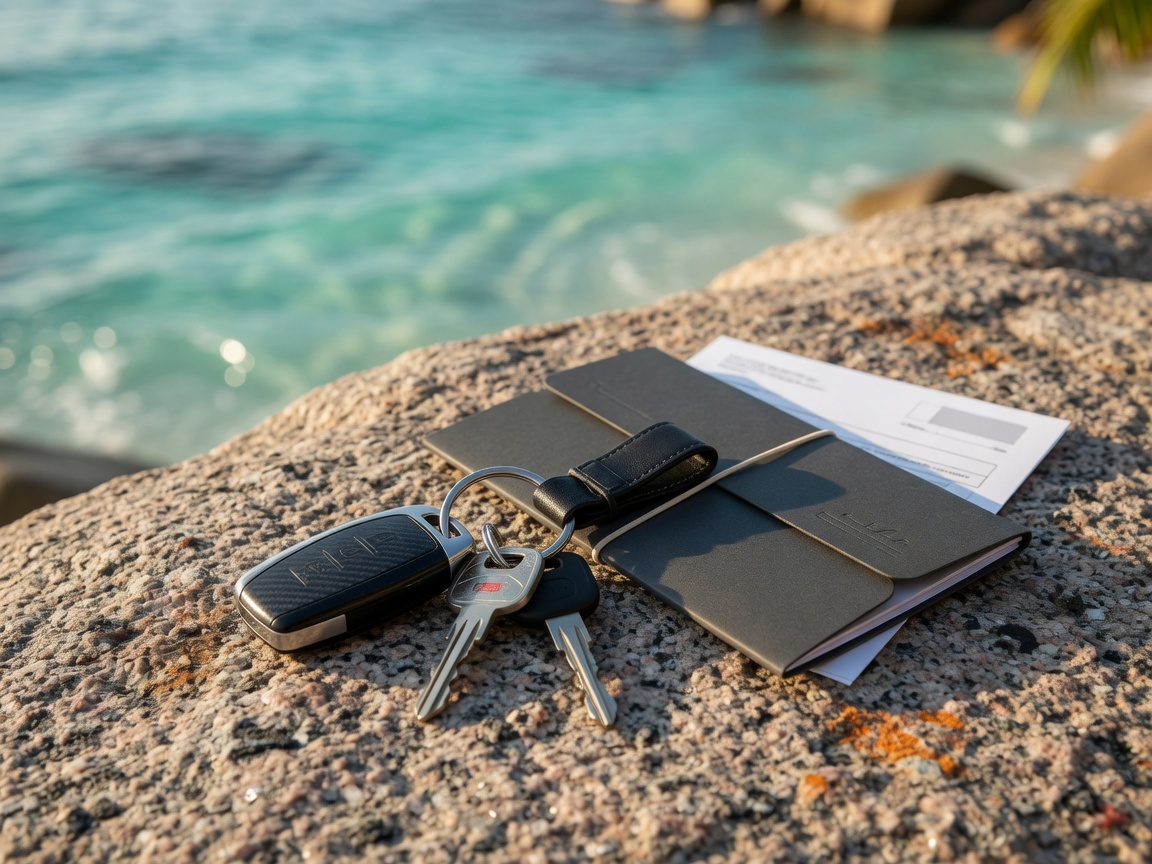 Car keys and a rental wallet on Seychelles granite with turquoise water behind